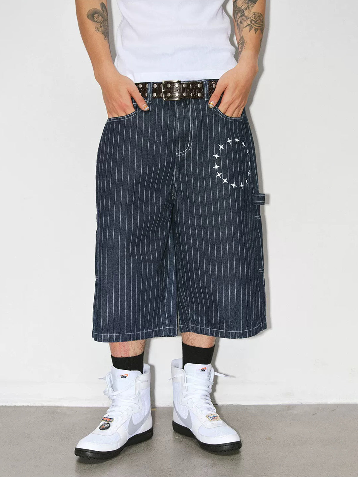 Brick Lane Wide-leg Stripe Relaxed Denim Jorts - Blue