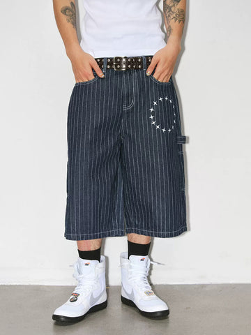 Brick Lane Wide-leg Stripe Relaxed Denim Jorts - Blue