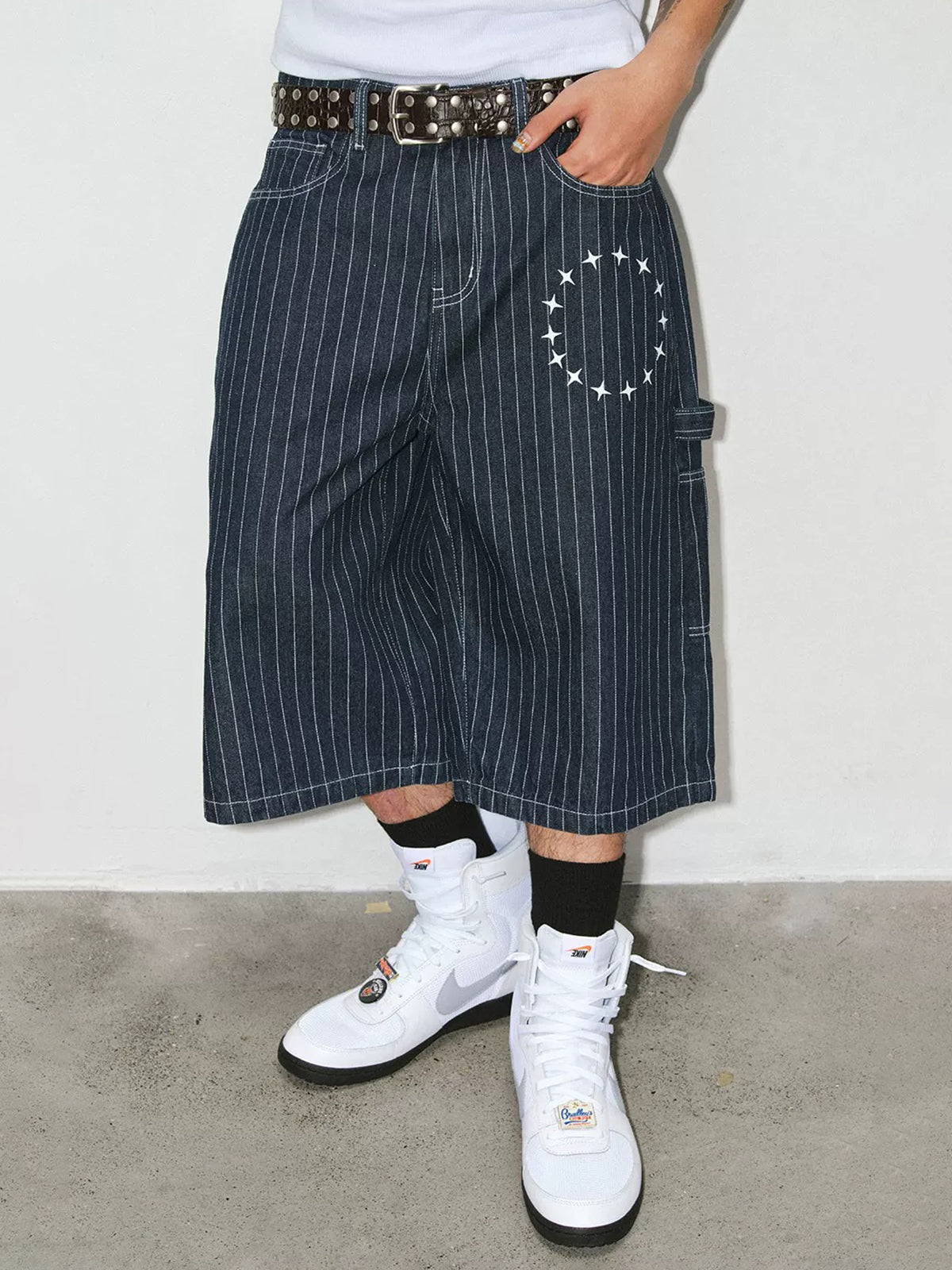 Brick Lane Wide-leg Stripe Relaxed Denim Jorts - Blue