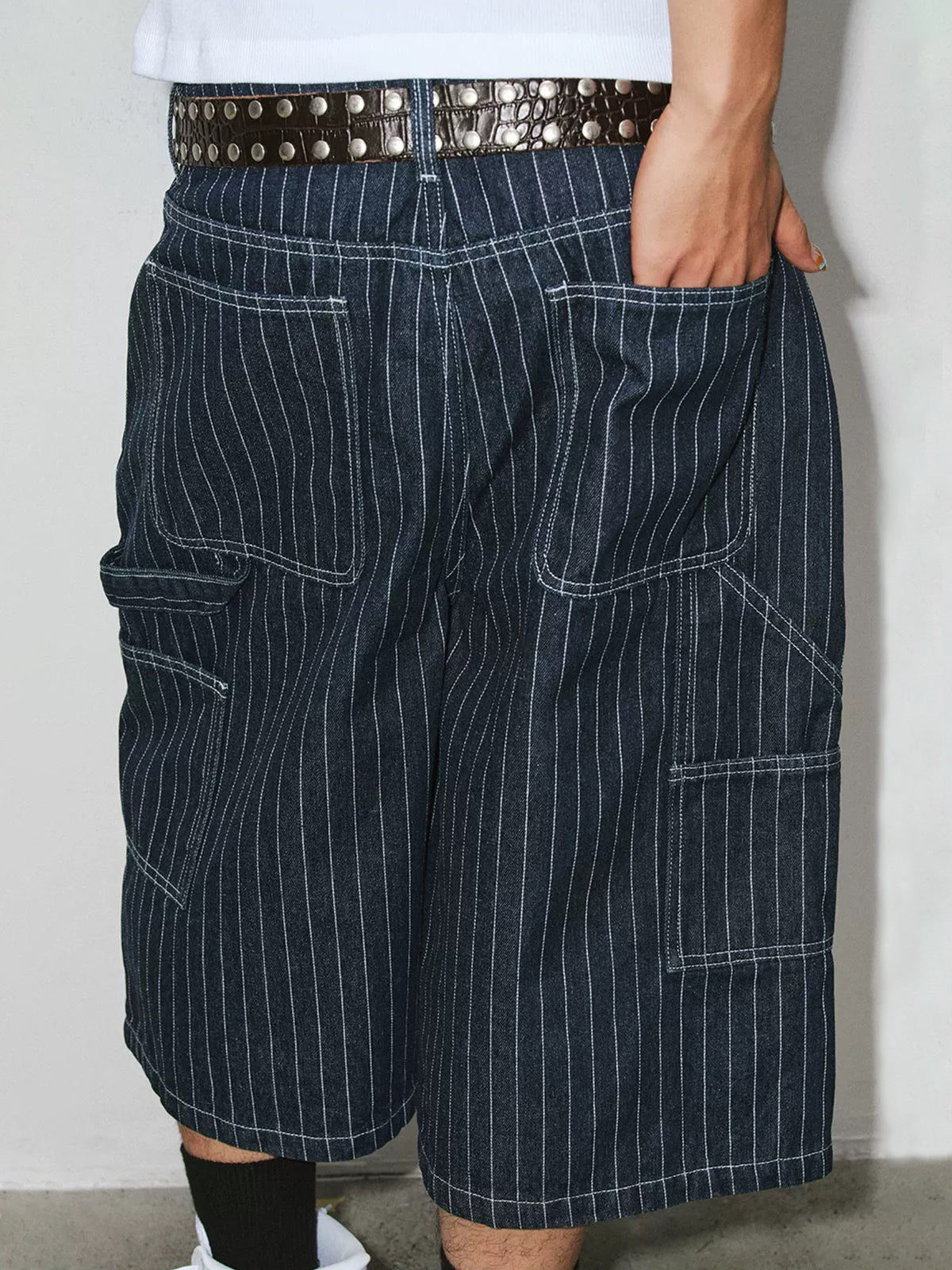 Brick Lane Wide-leg Stripe Relaxed Denim Jorts - Blue