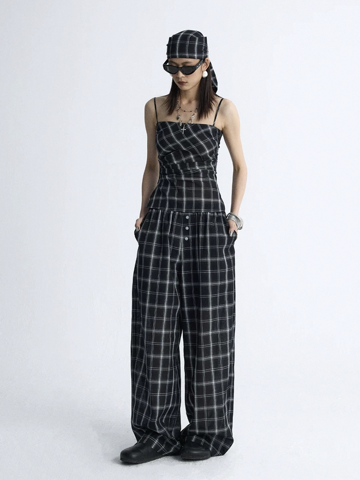 Brick Lane Skimming Check Plaid Strappy Tube Top - Mono