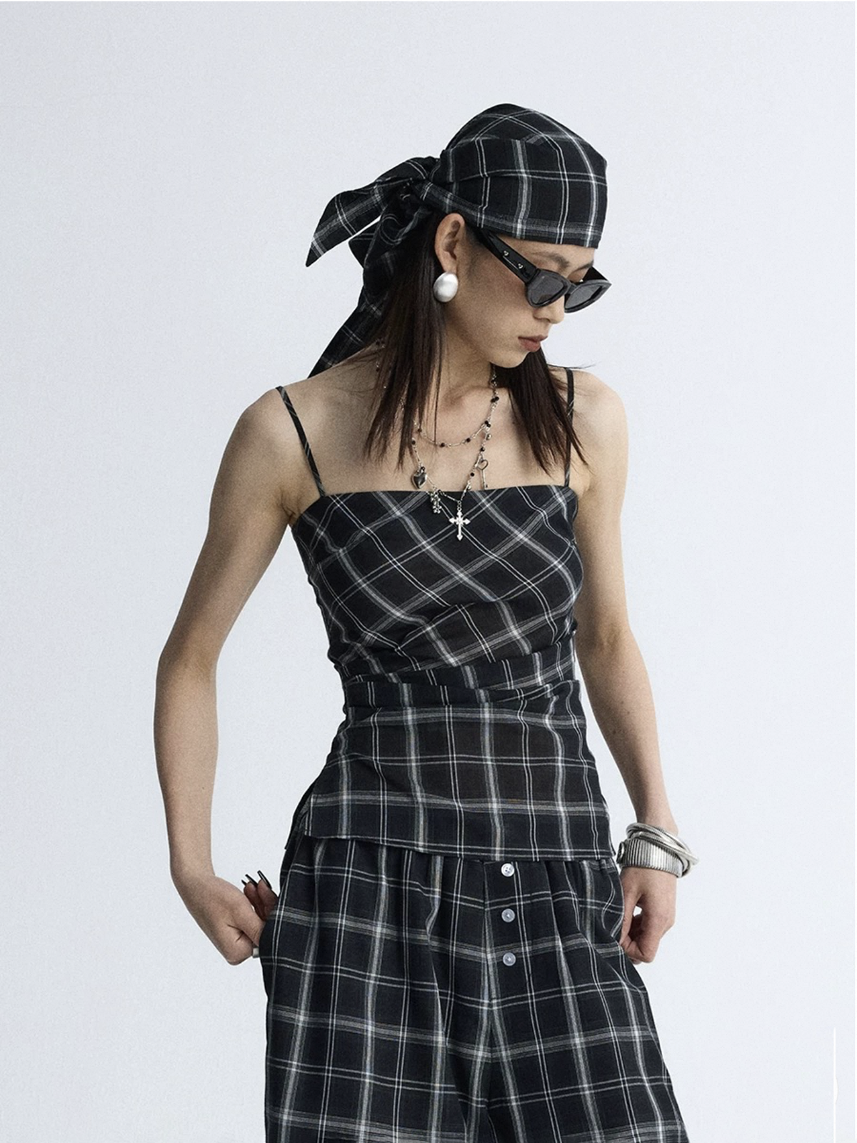 Brick Lane Skimming Check Plaid Strappy Tube Top - Mono
