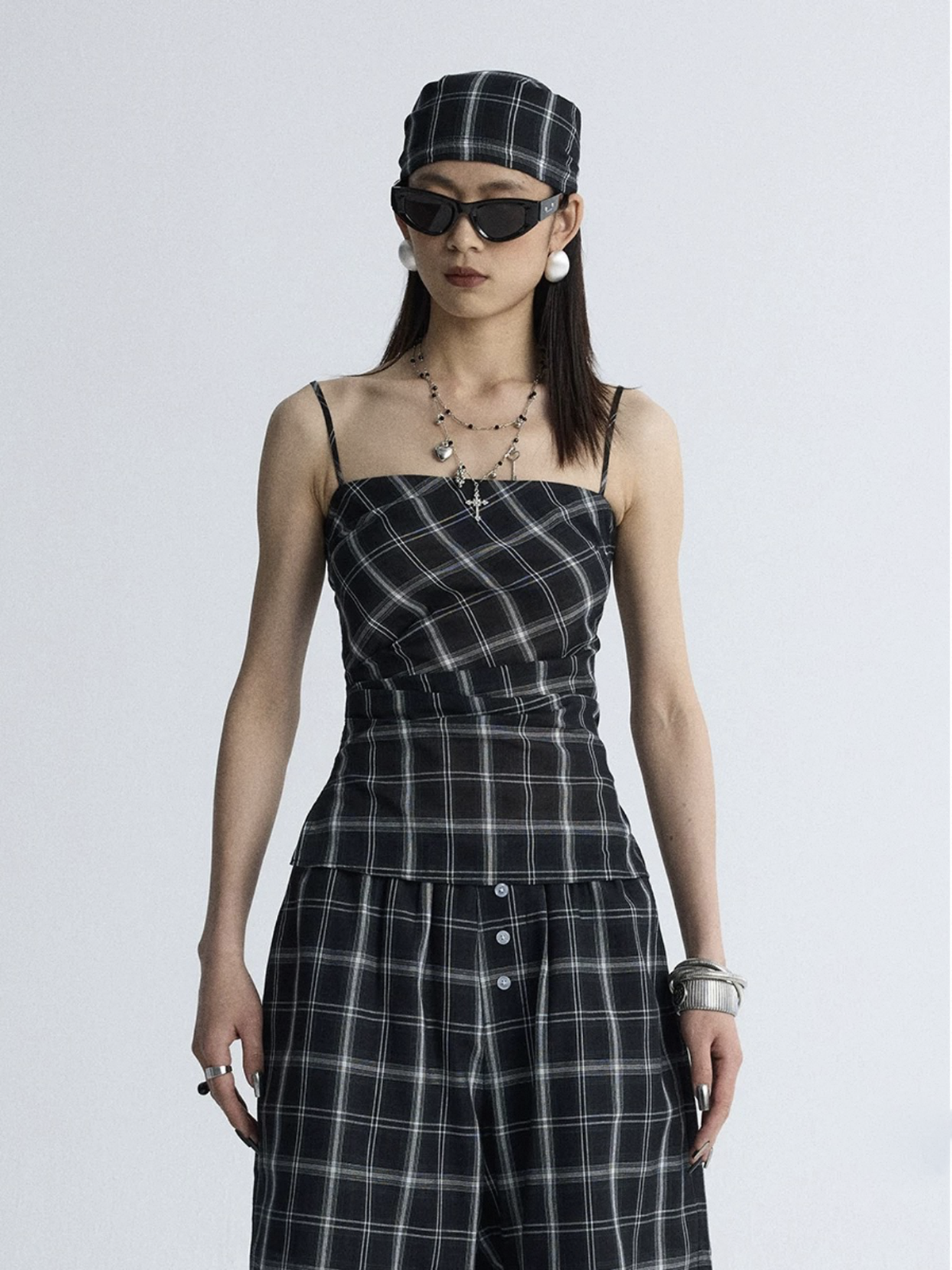 Brick Lane Skimming Check Plaid Strappy Tube Top - Mono