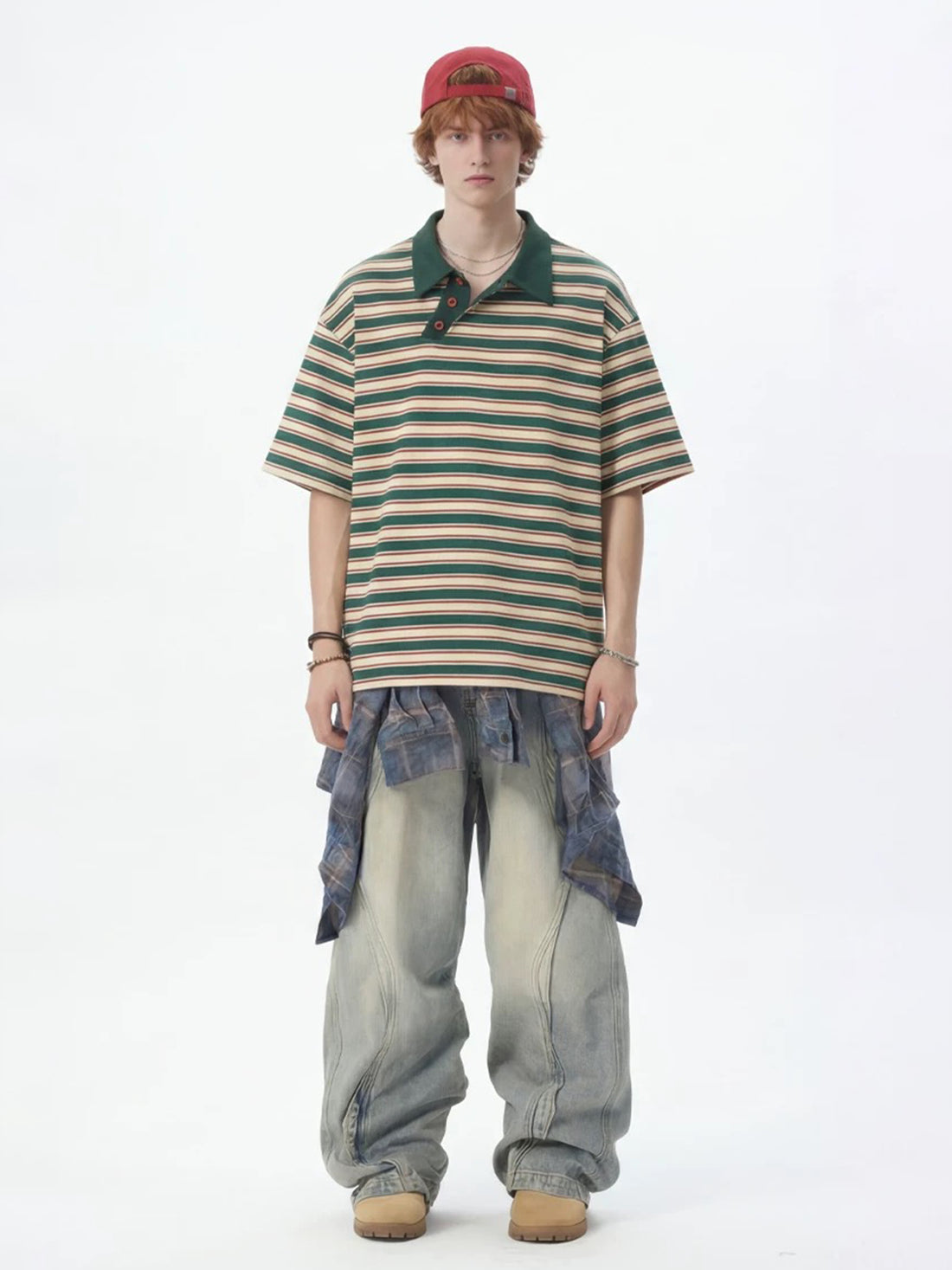 Co-ed Dorm Baggy Stripe Contrast Collar Polo - Green/White