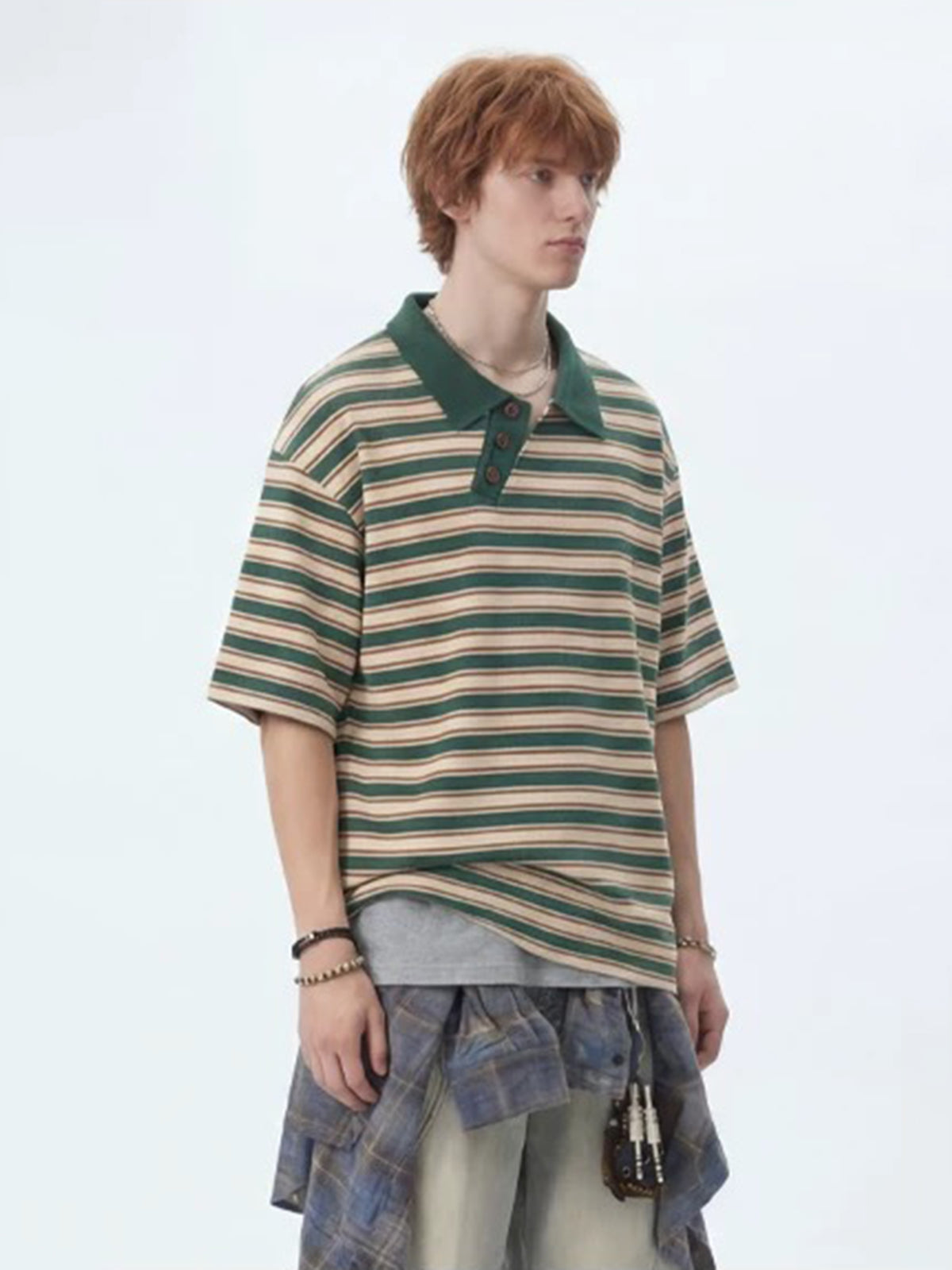 Co-ed Dorm Baggy Stripe Contrast Collar Polo - Green/White