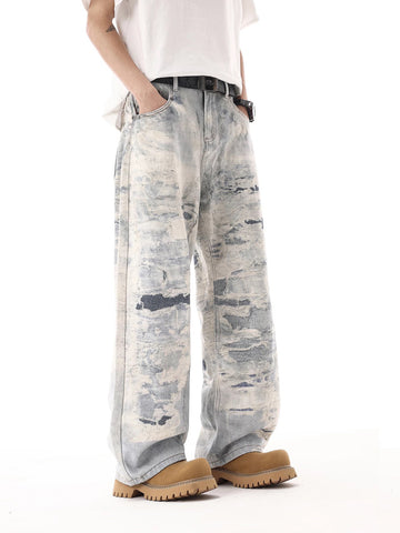 Brick Lane Straight Print Graphic Distressed Jeans - Light Blue