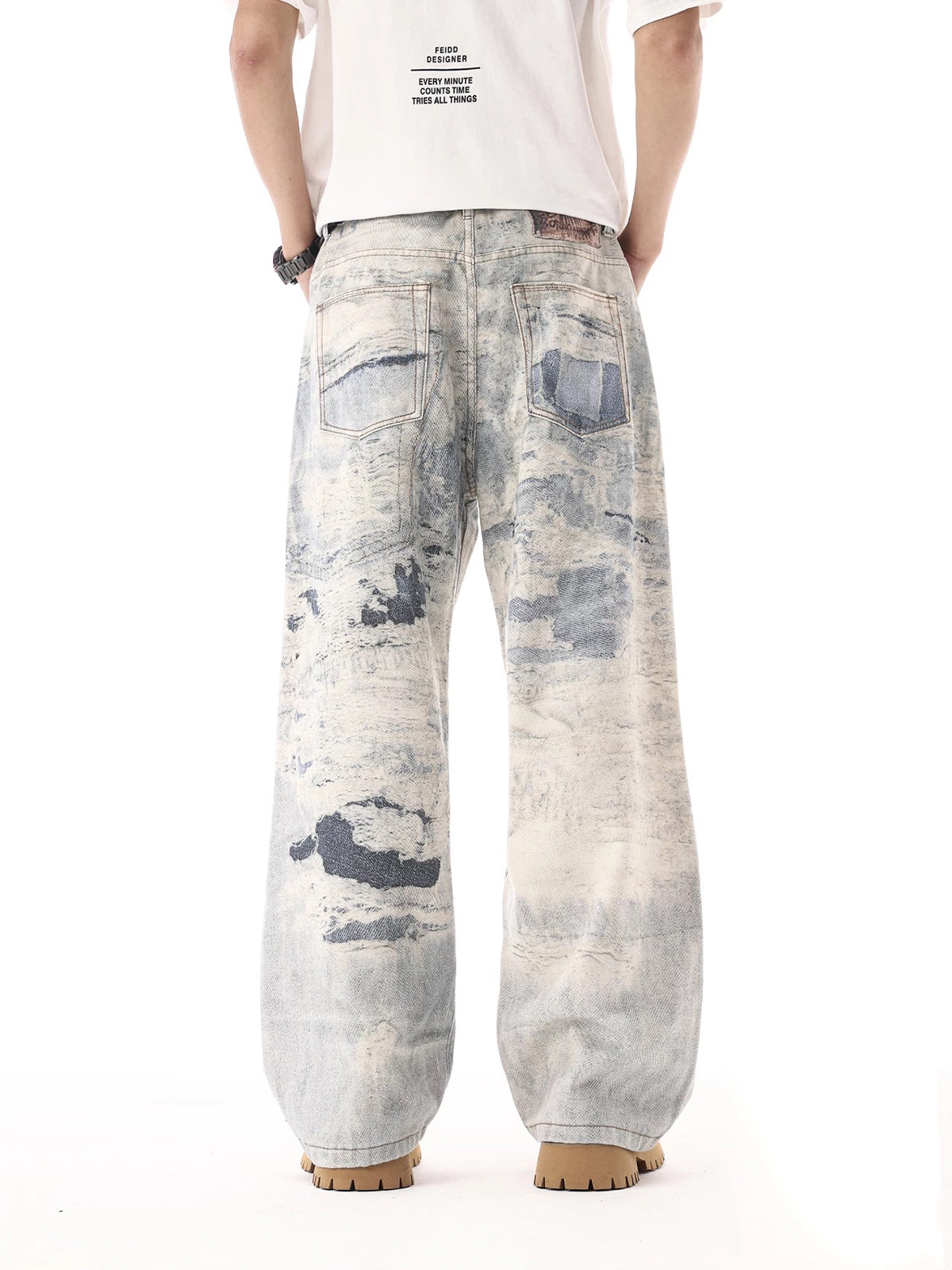 Brick Lane Straight Print Graphic Distressed Jeans - Light Blue