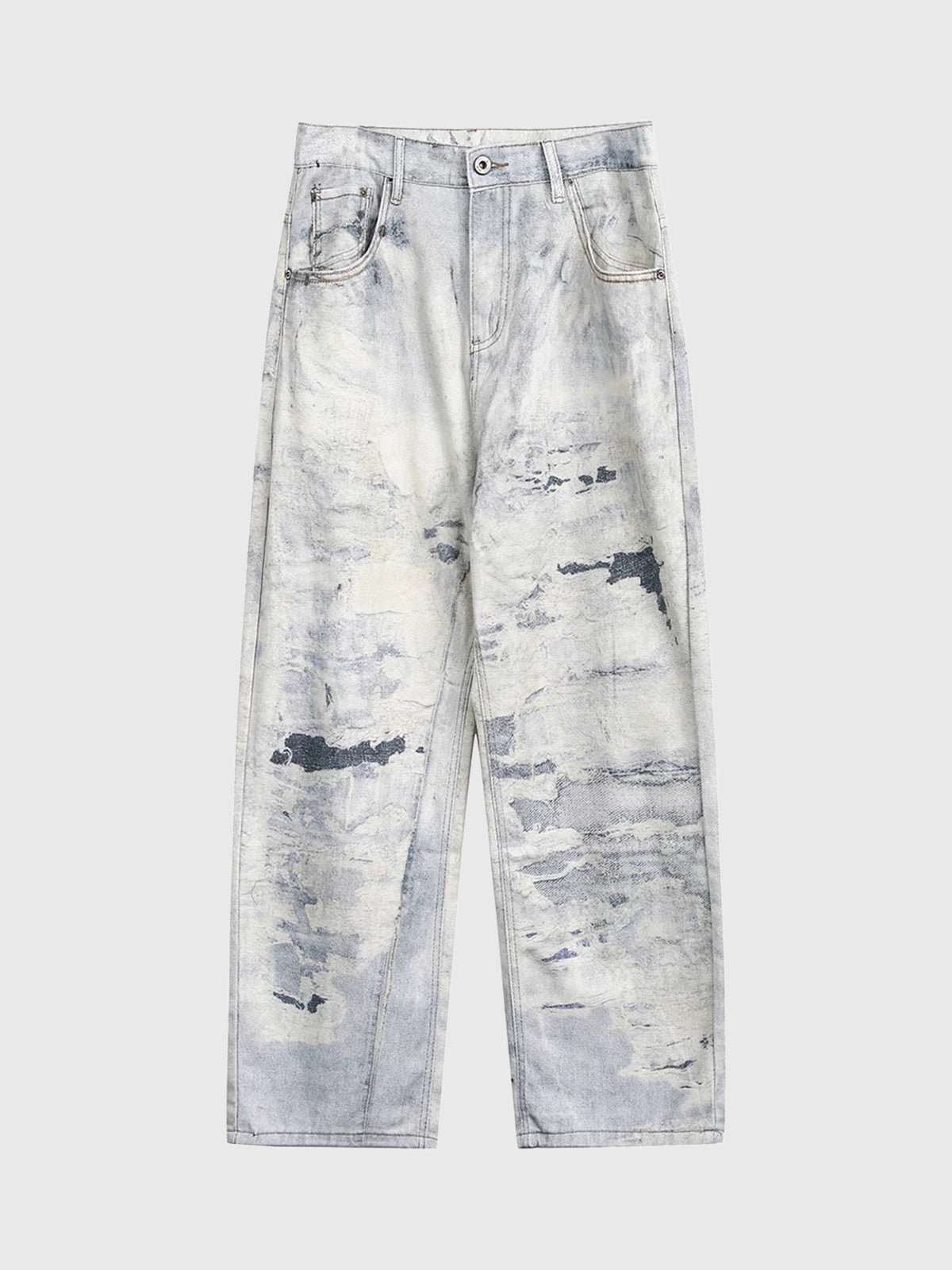 Brick Lane Straight Print Graphic Distressed Jeans - Light Blue
