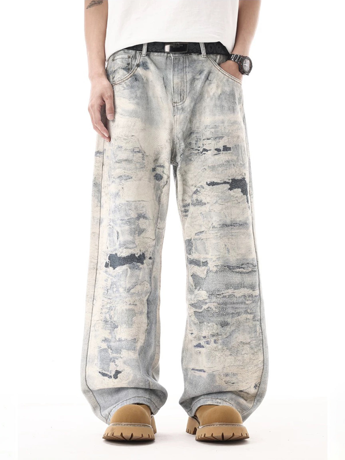 Brick Lane Straight Print Graphic Distressed Jeans - Light Blue