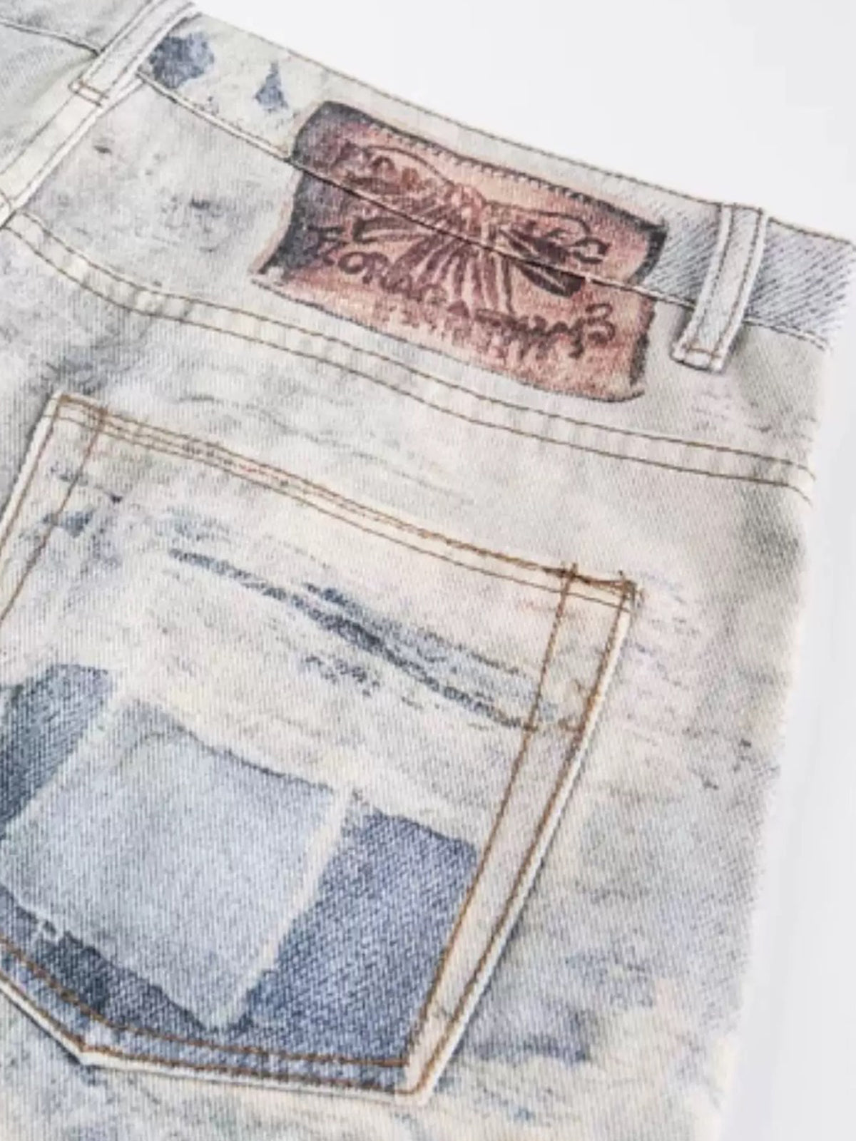 Brick Lane Straight Print Graphic Distressed Jeans - Light Blue