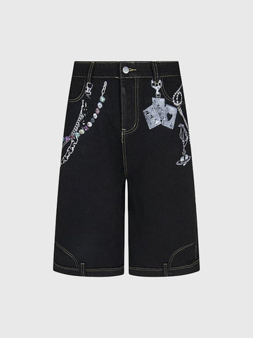 Brick Lane Wide-leg Print Slouchy Denim Jorts - Black