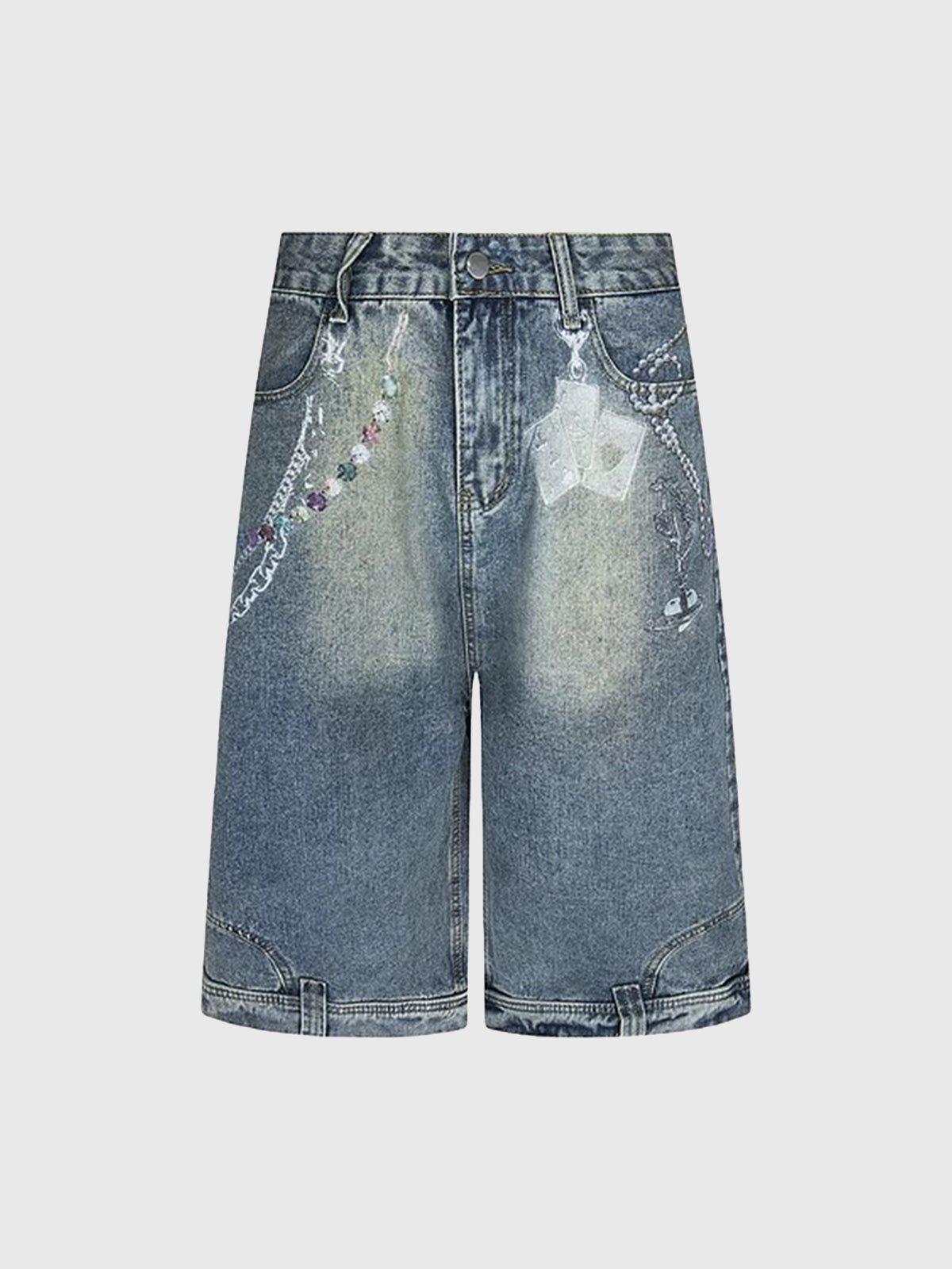 Brick Lane Wide-leg Print Washed Denim Jorts - Indigo