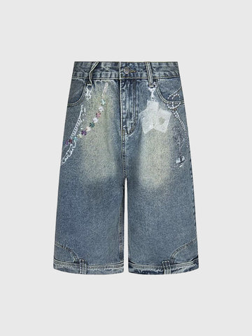 Brick Lane Wide-leg Print Washed Denim Jorts - Indigo