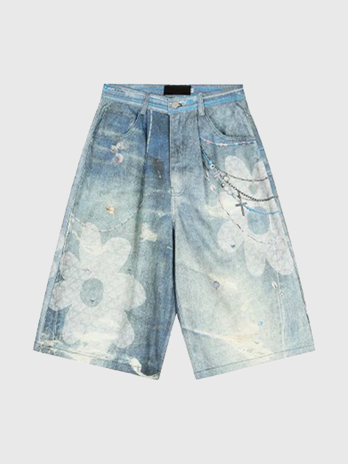 Brick Lane Wide-leg Print Marble Graphic Jorts - Light Blue