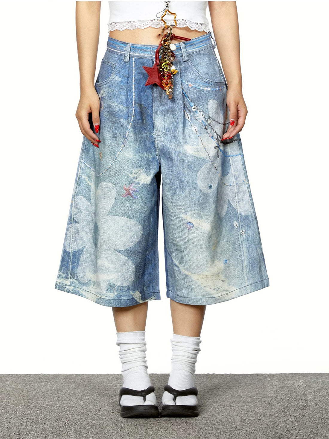 Brick Lane Wide-leg Print Marble Graphic Jorts - Light Blue