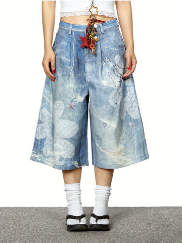 Brick Lane Wide-leg Print Marble Graphic Jorts - Light Blue
