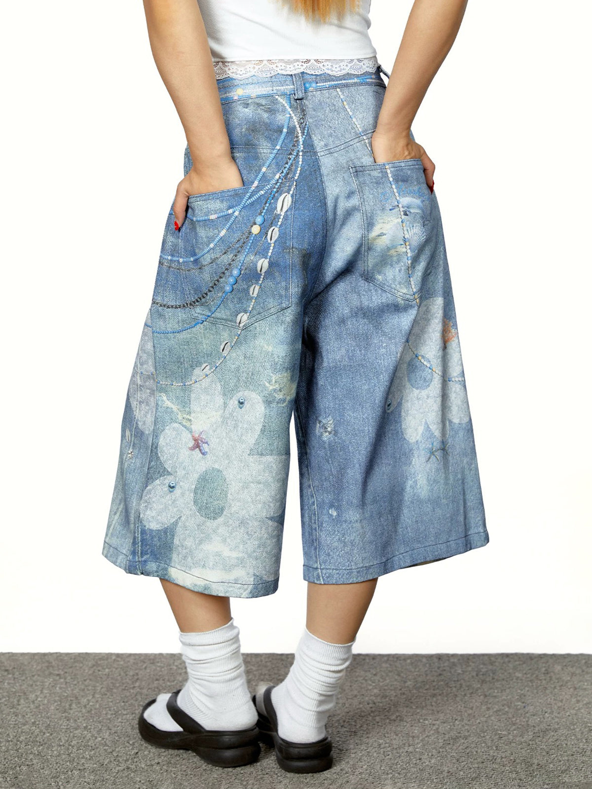 Brick Lane Wide-leg Print Marble Graphic Jorts - Light Blue