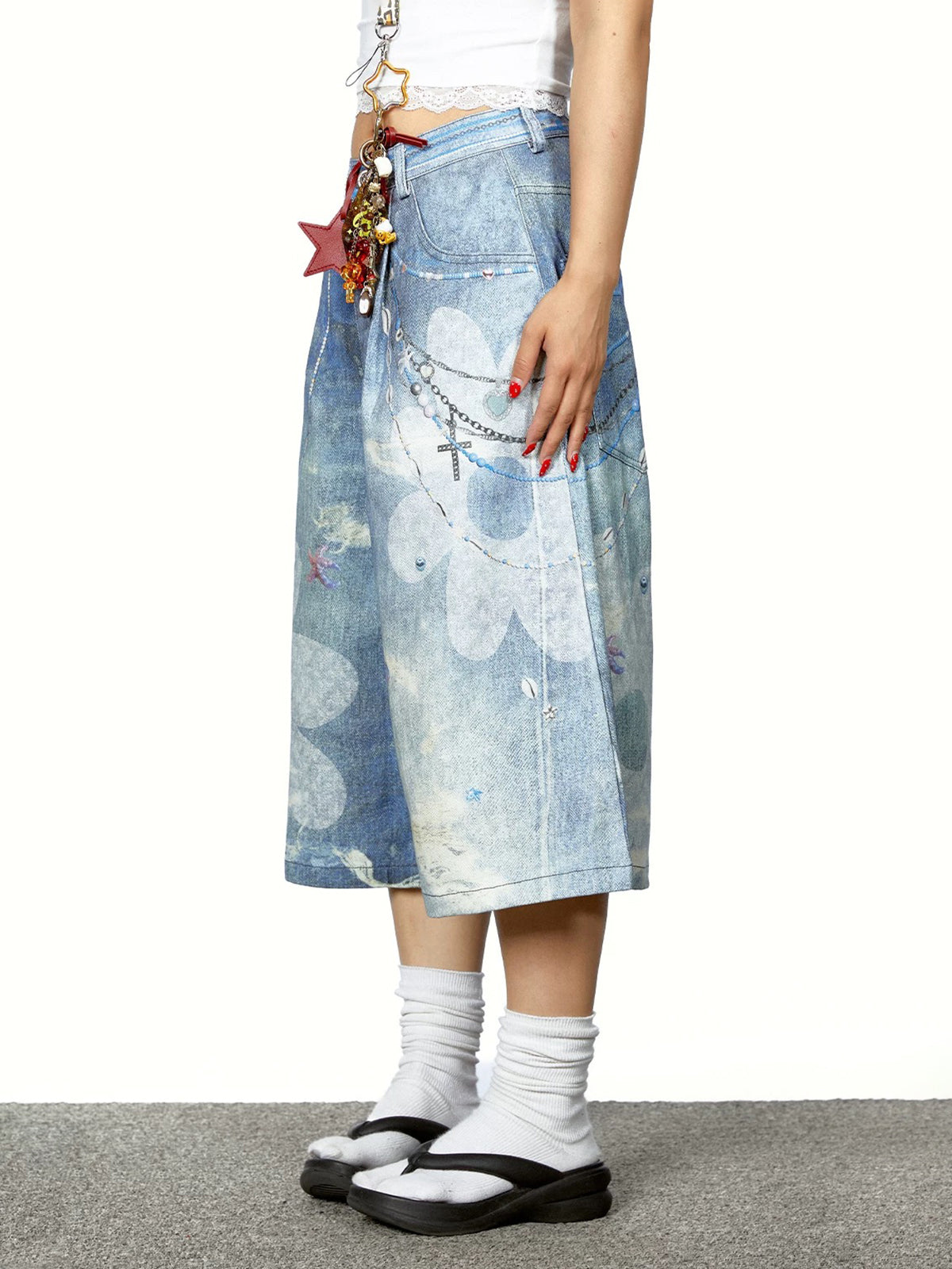 Brick Lane Wide-leg Print Marble Graphic Jorts - Light Blue