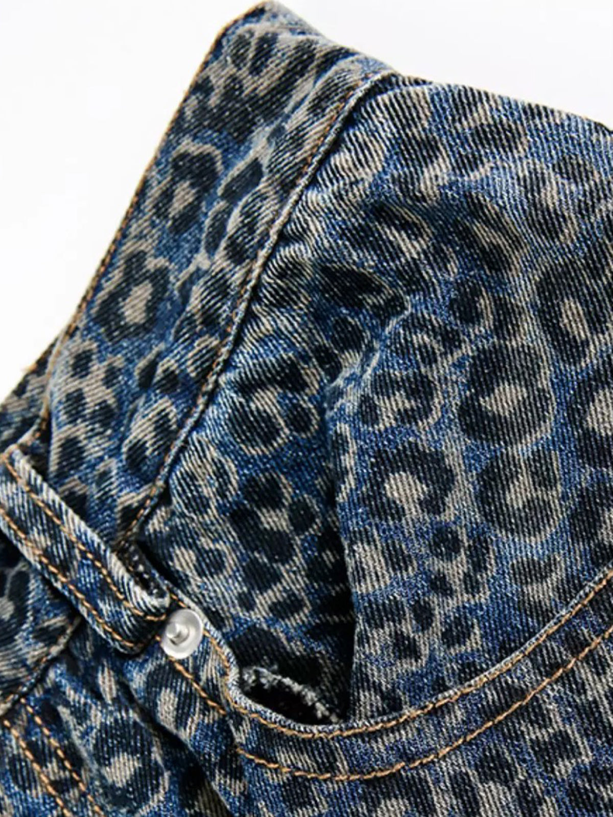 Brick Lane Curved Cut Leopard Print Washed Jeans - Dark Wash