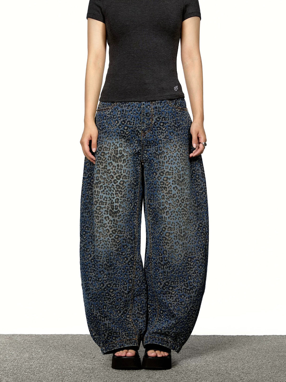 Brick Lane Curved Cut Leopard Print Washed Jeans - Dark Wash