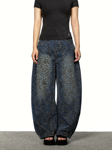 Brick Lane Curved Cut Leopard Print Washed Jeans - Dark Wash