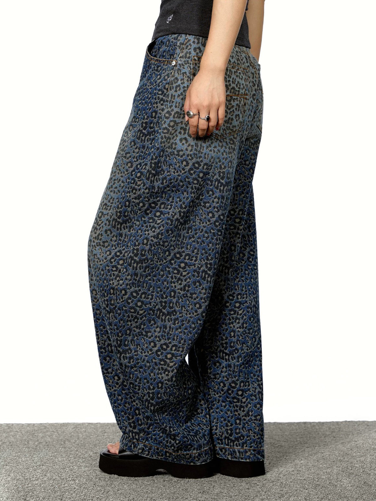 Brick Lane Curved Cut Leopard Print Washed Jeans - Dark Wash