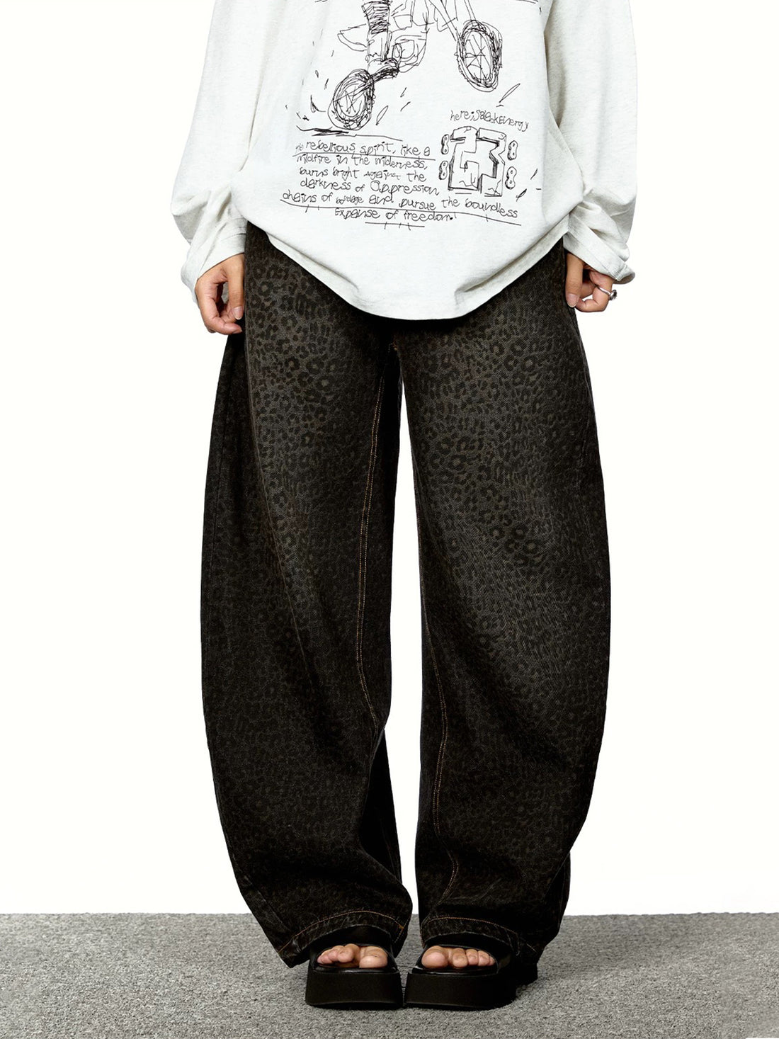 Brick Lane Curved Cut Leopard Print Slouchy Pants - Black