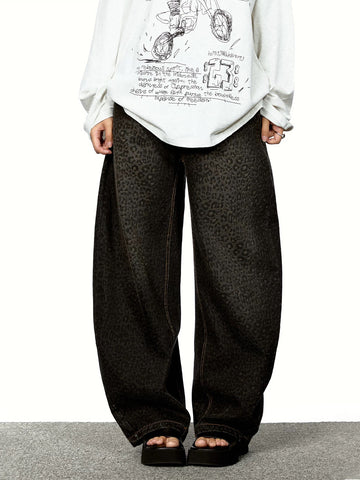 Brick Lane Curved Cut Leopard Print Slouchy Pants - Black