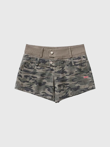 Brick Lane Skimming Camouflage Graphic Mini Shorts - Green Camo