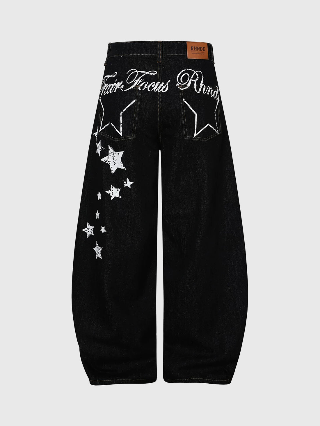 Brick Lane Curved Cut Print Graphic Washed Jeans - Black