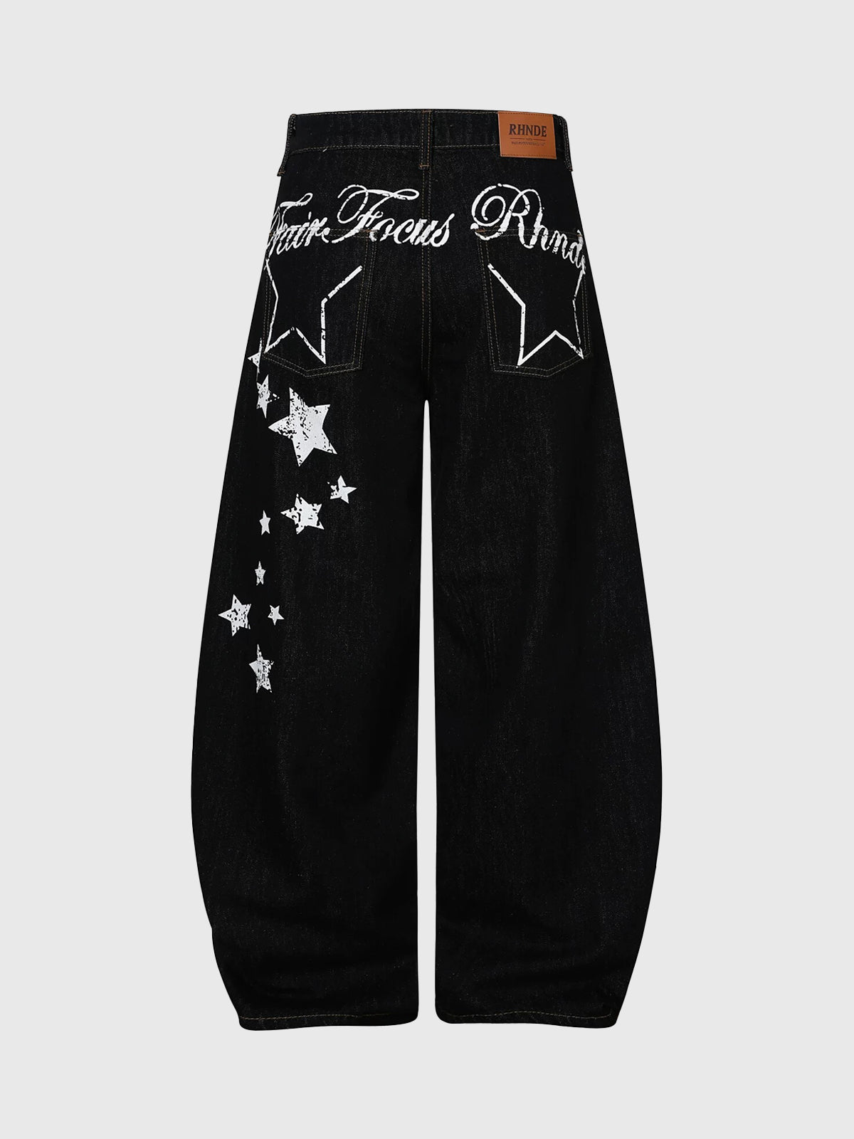 Brick Lane Curved Cut Print Graphic Washed Jeans - Black