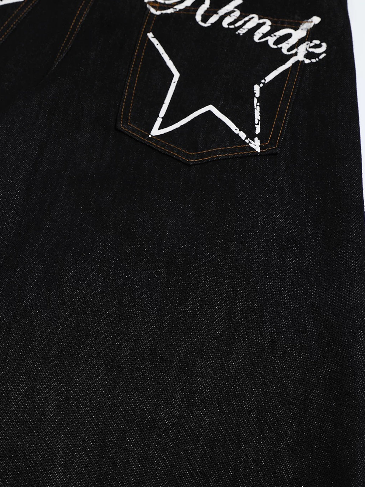Brick Lane Curved Cut Print Graphic Washed Jeans - Black