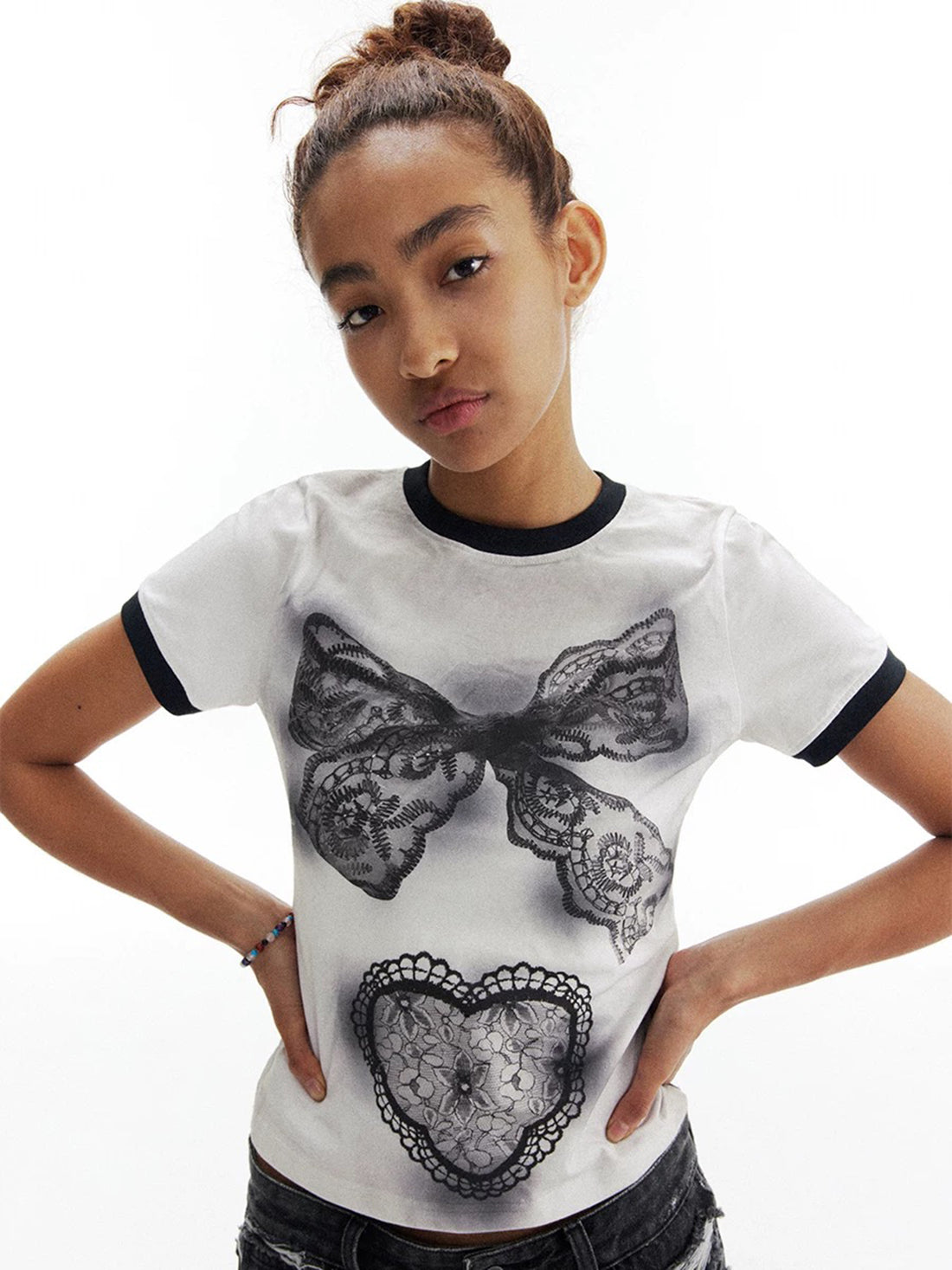 Brick Lane Skimming Print Bow Graphic Tee - White