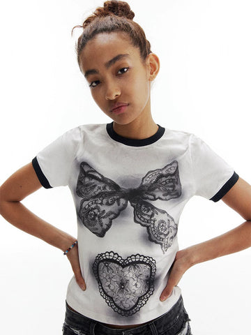 Brick Lane Skimming Print Bow Graphic Tee - White