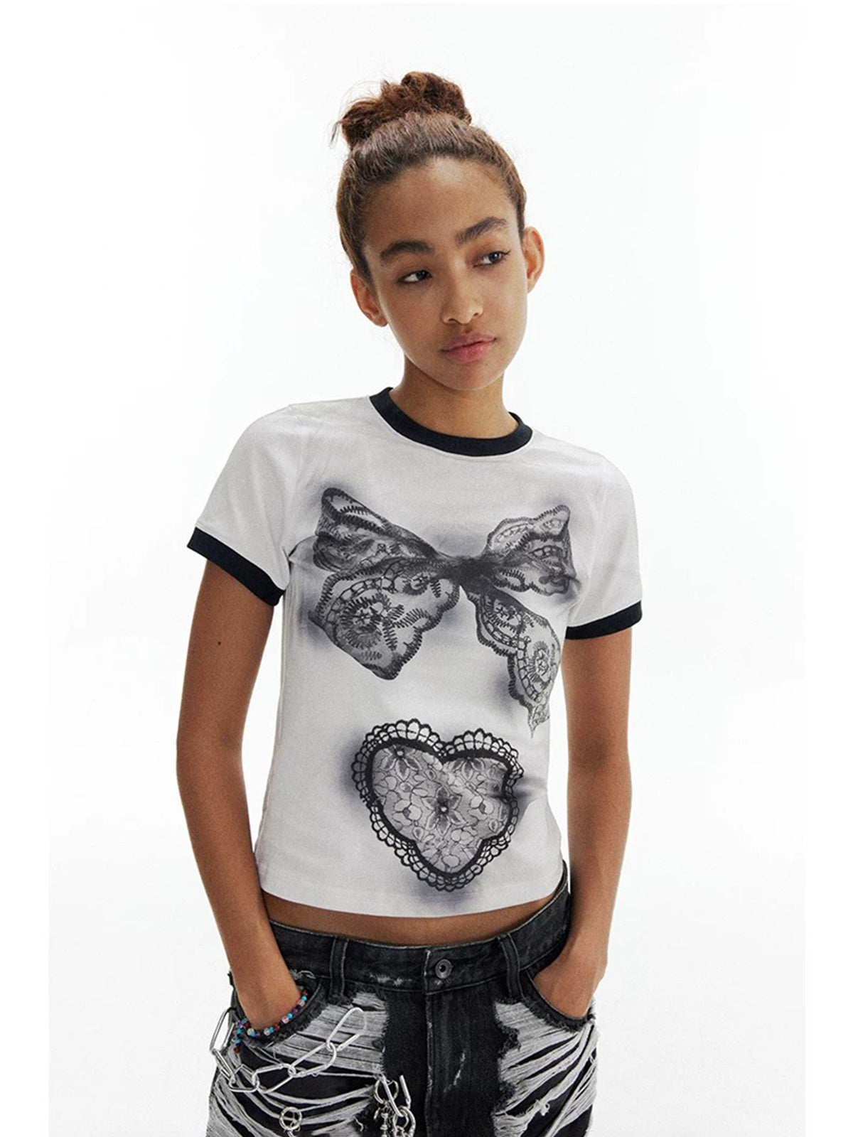 Brick Lane Skimming Print Bow Graphic Tee - White