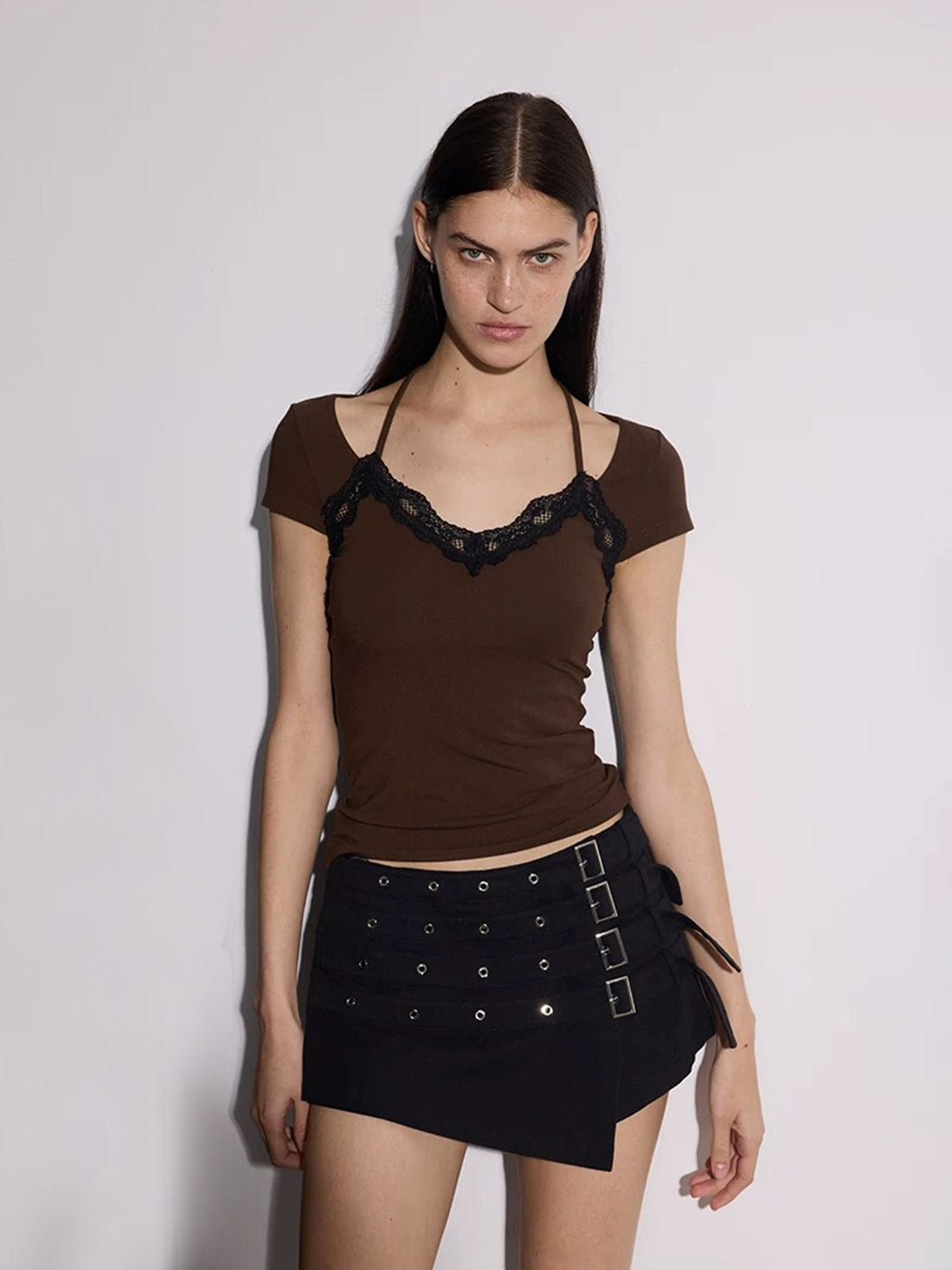 Brick Lane Layered-look Lace Patchwork Tee - Coffee