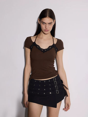 Brick Lane Layered-look Lace Patchwork Tee - Coffee