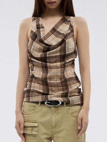 Dolled Office Draped Mesh Check Plaid Dress - Brown