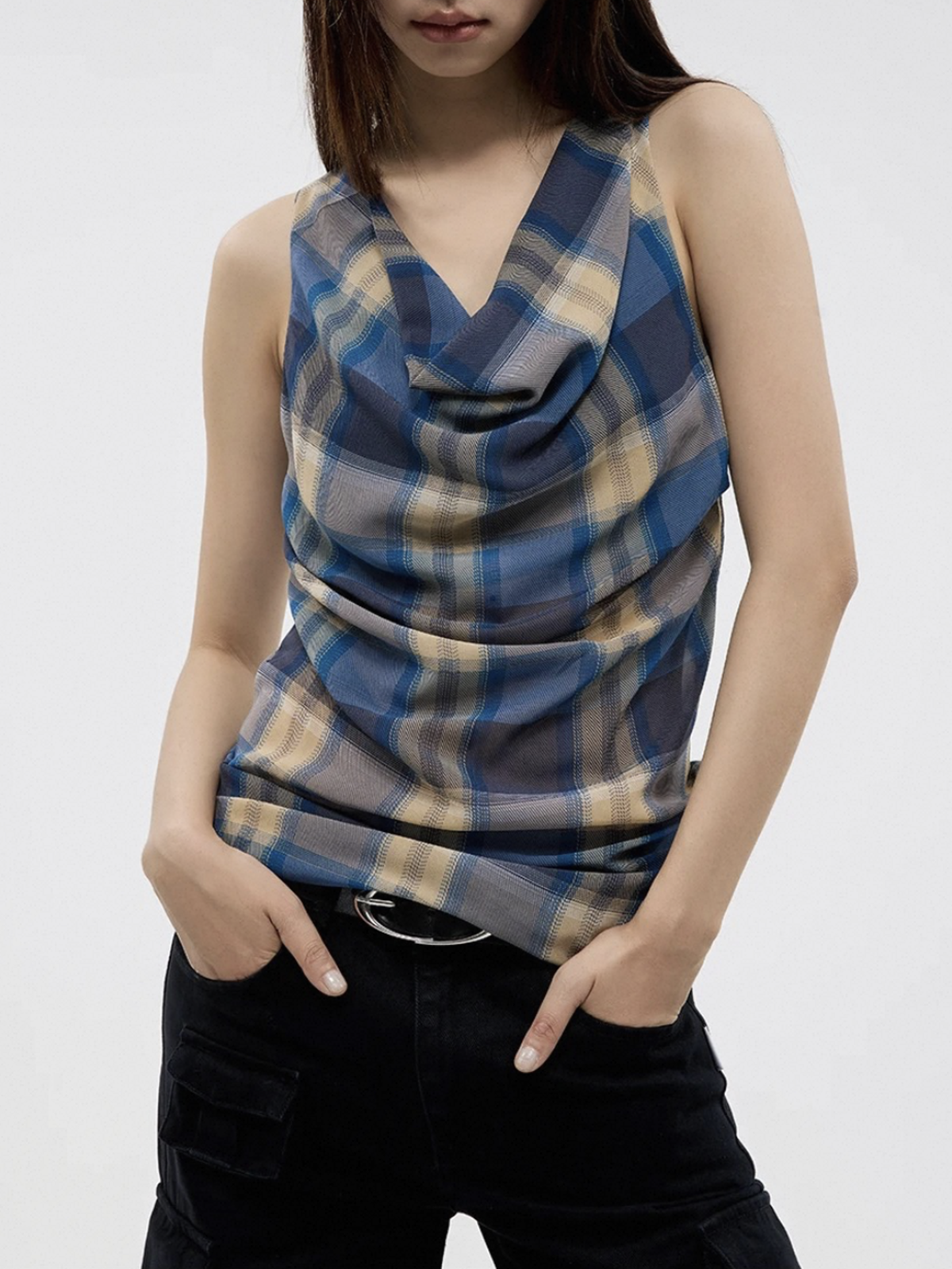 Dolled Office Draped Mesh Check Plaid Dress - Blue