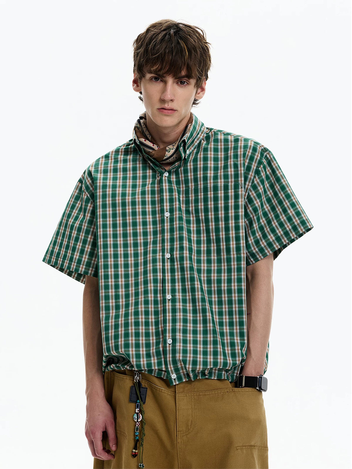 Co-ed Dorm Baggy Check Plaid Short Sleeve Tee - Green