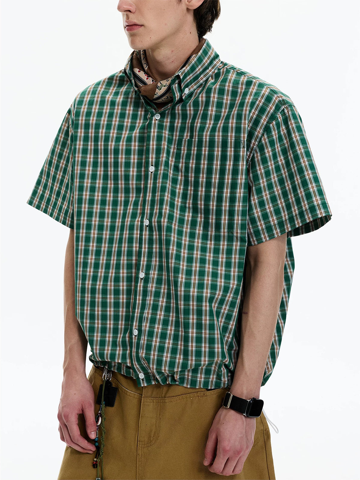 Co-ed Dorm Baggy Check Plaid Short Sleeve Tee - Green