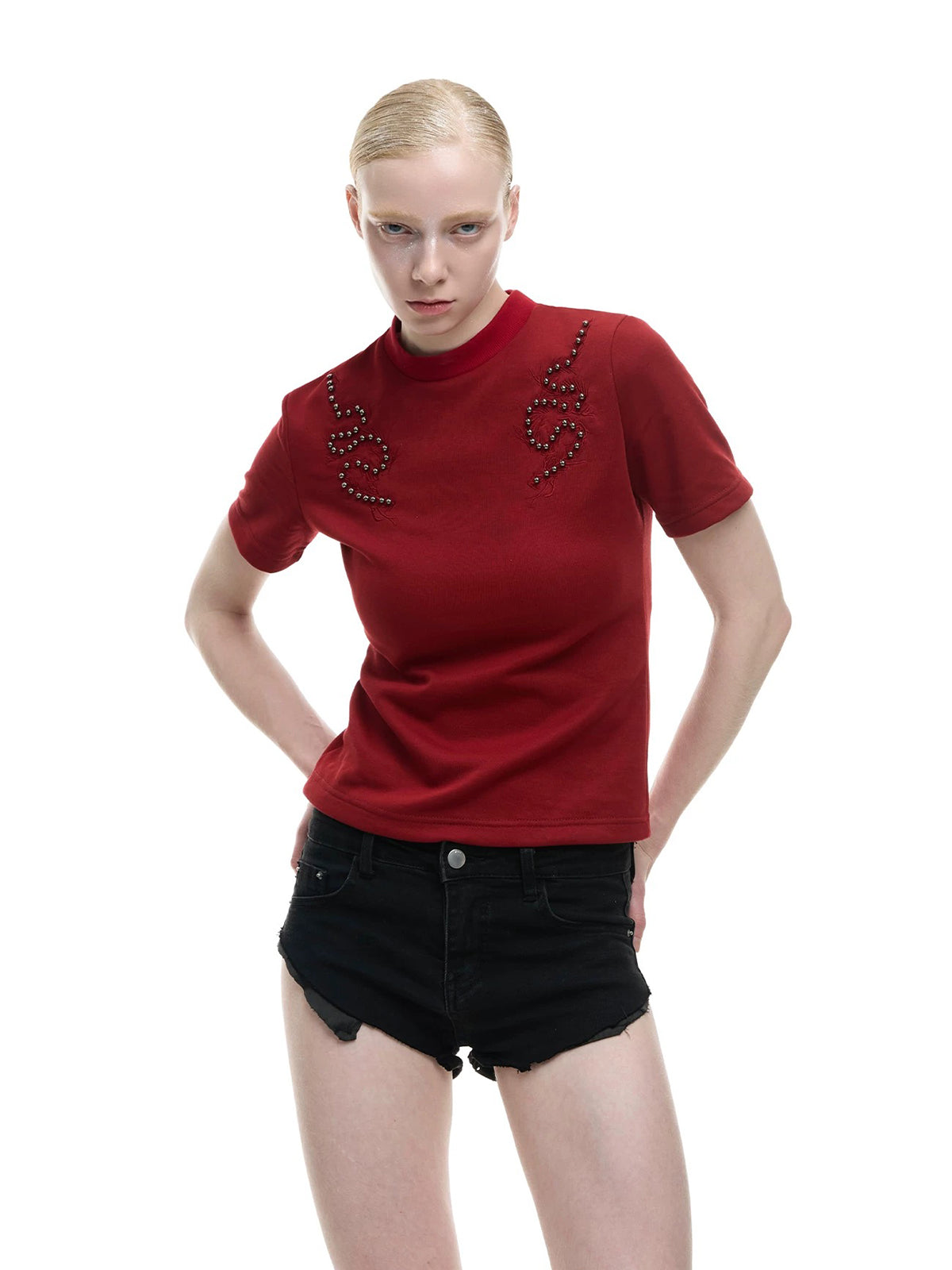 Brick Lane Skimming Ruched Detail Fitted Tee - Red
