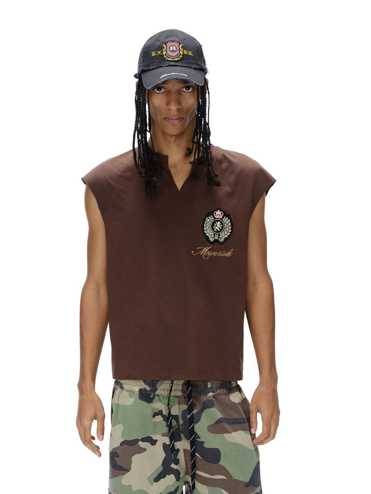 Brick Lane Baggy Embroidered Graphic Relaxed Tank - Coffee