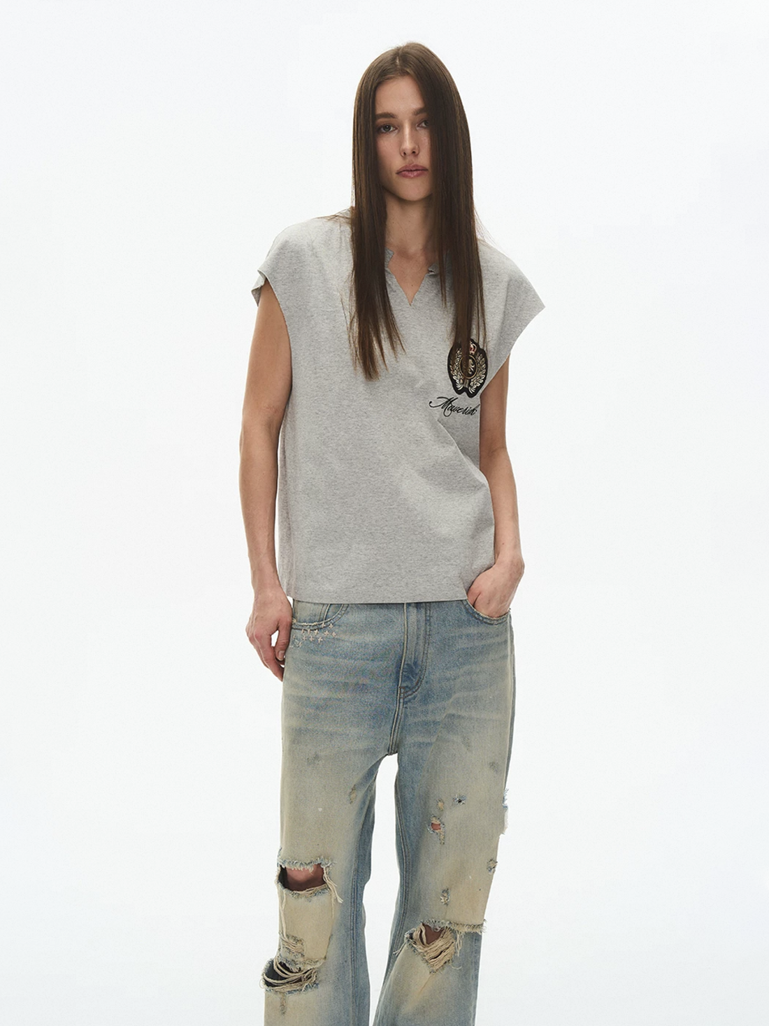 Brick Lane Baggy Embroidered Graphic Relaxed Tank - Grey