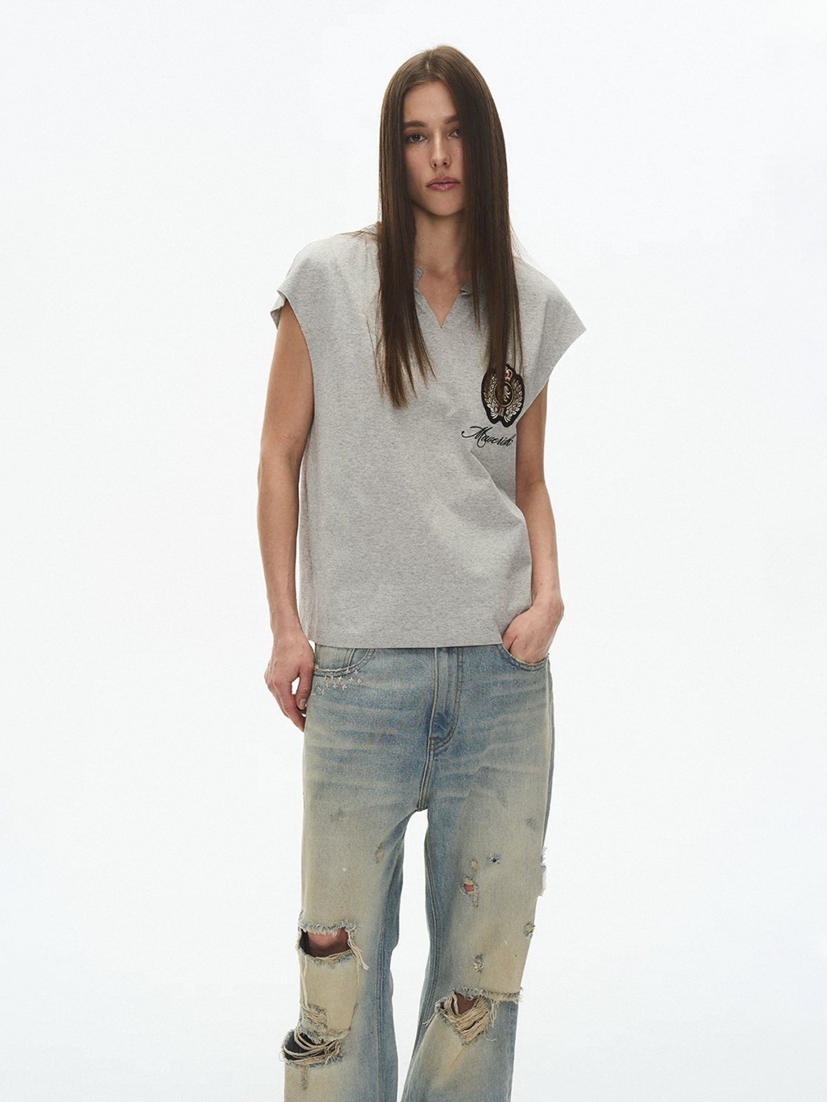 Brick Lane Baggy Embroidered Graphic Relaxed Tank - Grey