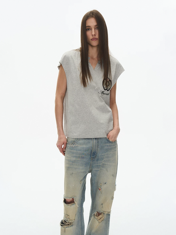 Brick Lane Baggy Embroidered Graphic Relaxed Tank - Grey
