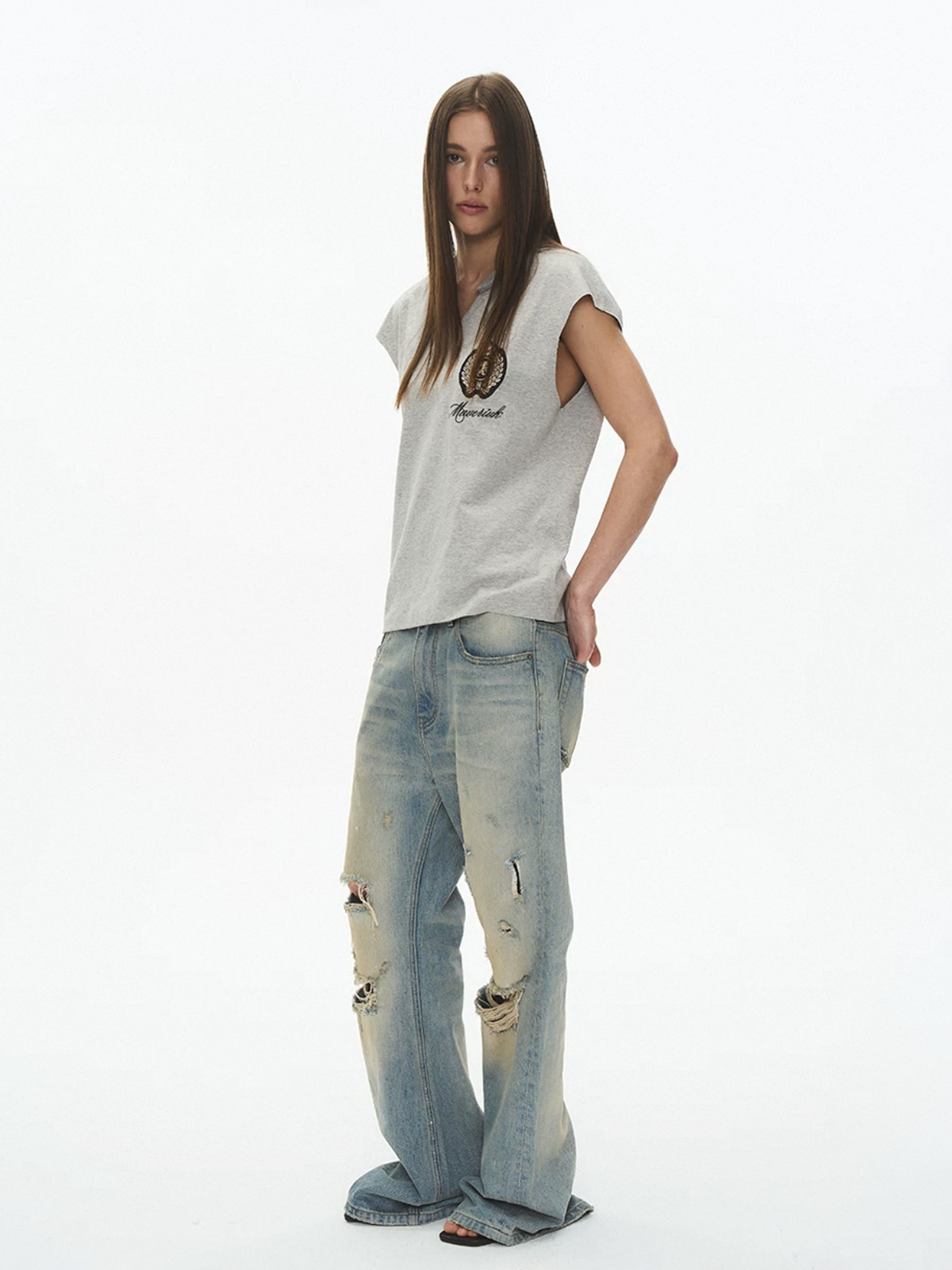Brick Lane Baggy Embroidered Graphic Relaxed Tank - Grey