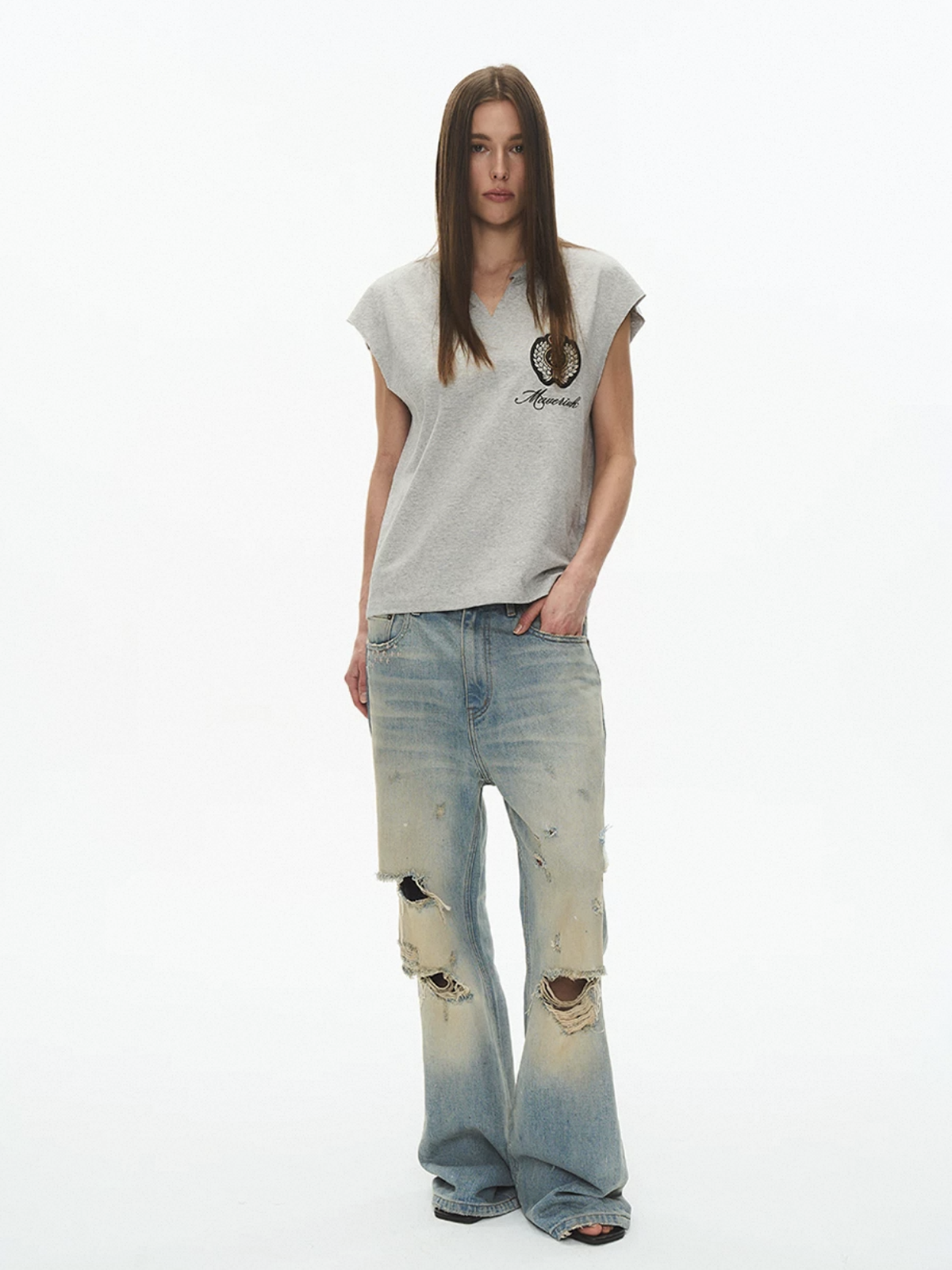 Brick Lane Baggy Embroidered Graphic Relaxed Tank - Grey