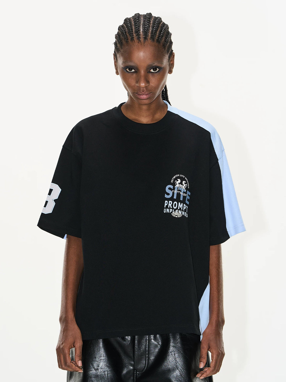 Brick Lane Baggy Contrast Color Patchwork Tee - Black/Blue