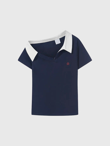 Brick Lane Asymmetric Contrast Color One-shoulder Tee - Navy/White